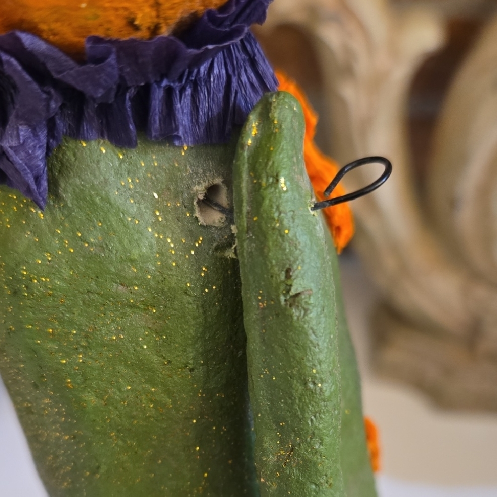 Green and Orange Pumpkin Figurine Holding A Black Cat - Picture 9 of 12